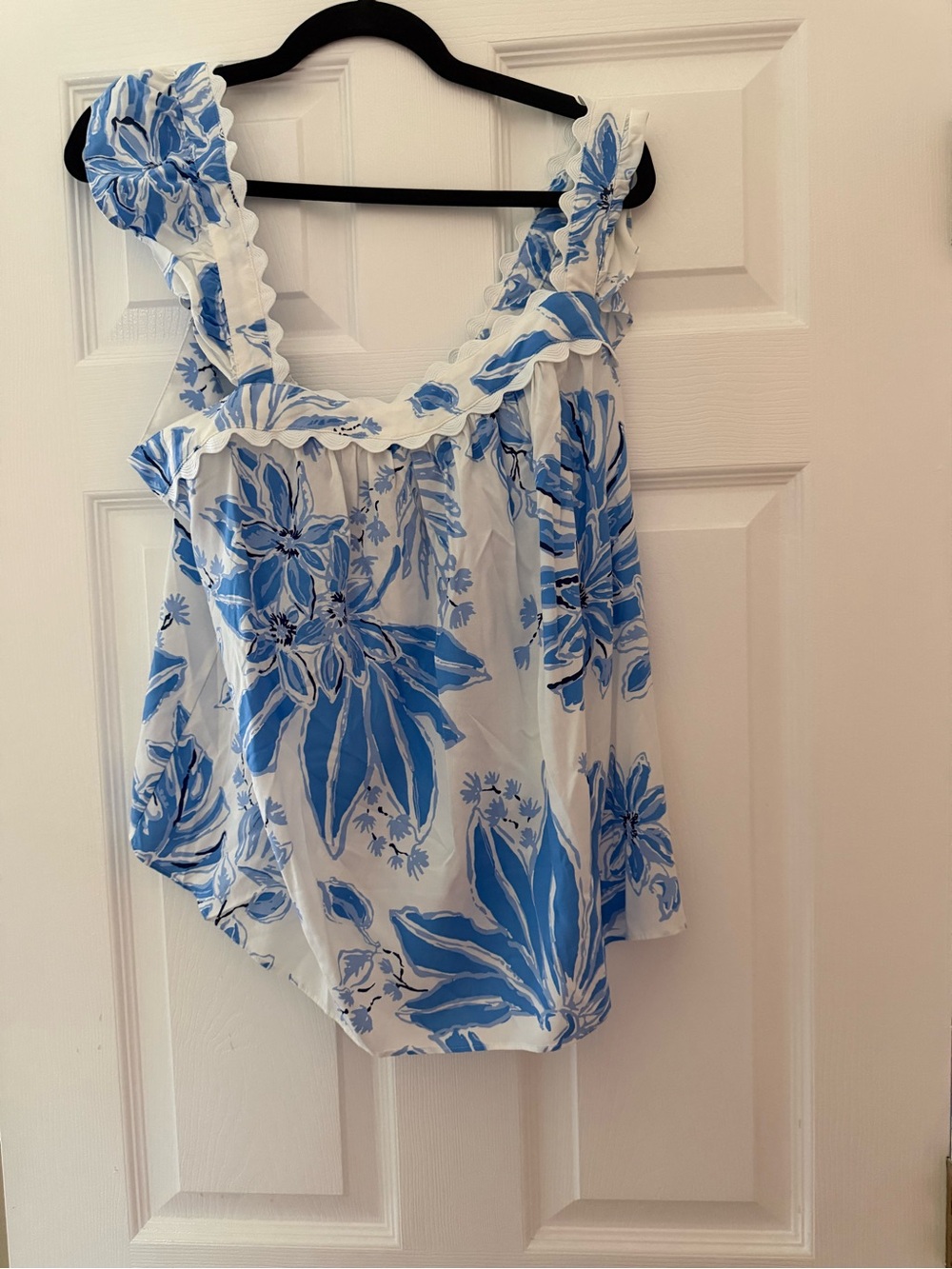Lilly Pulitzer White Tank Top with Blue Floral Ruffle Straps